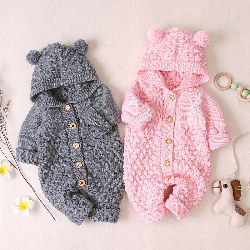 Herfst Baby Baby Meisjes Lange Mouw Gebreide Solid Print Hoodie Rompertjes Trui Kinderen Jongens Jumpsuit