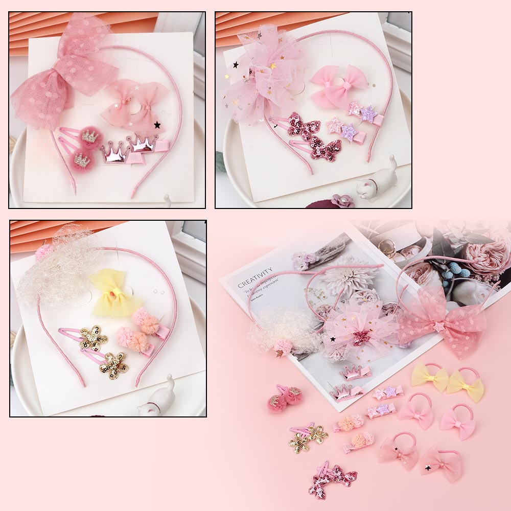 7 PCS/Set Hair Hoop Crown Flower Hair Tie Yarn Ball Hairclip Pentagram Butterfly Hairpin for Kids Headwear Barrettes Set