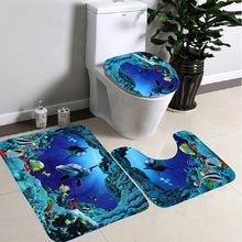 3Pcs/Set Bathroom Non-Slip Carpet Mat Rug Blue Ocean Parttern Water Absorption Rug Toilet Cover Bathroom Mat Doormats