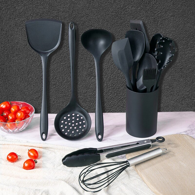 Black Silicone Kitchenware Set Utensils Cooking Tools Non-Stick Spatula Spoon Colander Baking Supplies Kinds Kitchen Tools