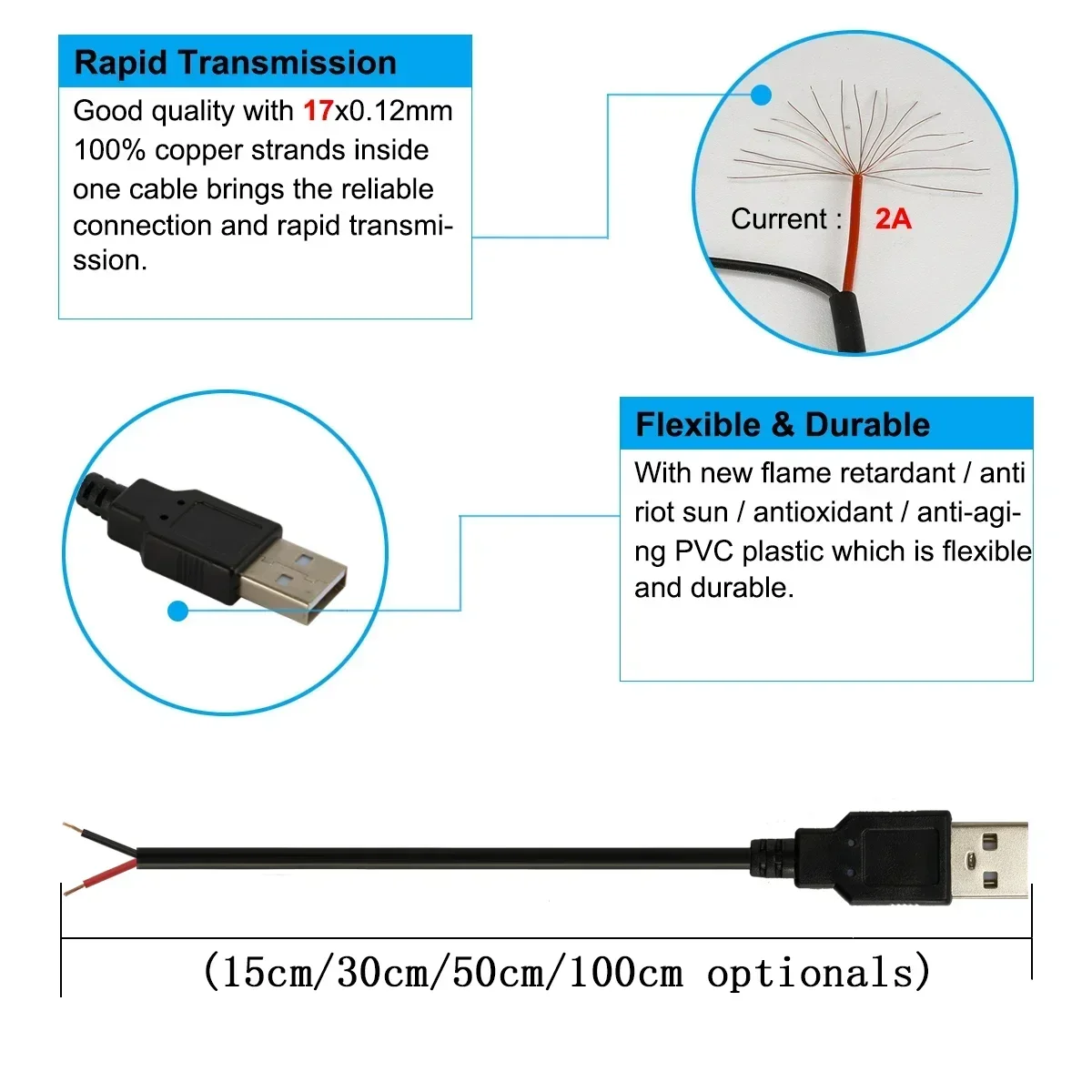 Cable USB Pigtail macho hembra Cable de alimentación pelado conector de repuesto de 12V para tira LED USB reemplazar reparación ventiladores altavoz