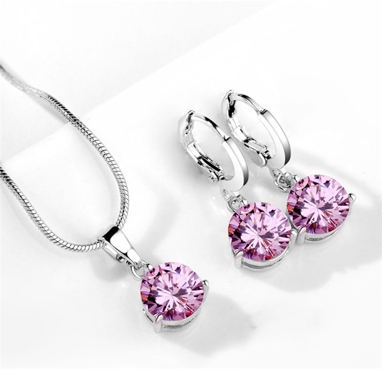 Conjunto de collar y pendientes con colgante de cristal para mujer y niña, joyería de compromiso de boda, aguja de plata 925: Color dorado