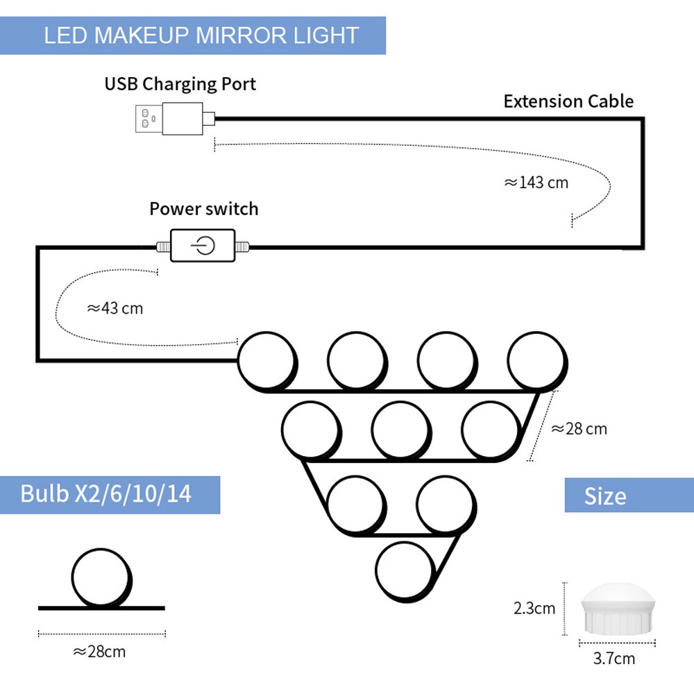 Usb 12v kit de lâmpadas led tipo hollywood para espelho, lâmpada regulável para maquiagem de banheiro, cosméticos, lâmpada de parede, iluminação para cosméticos