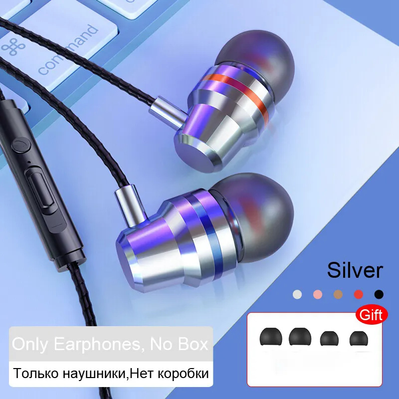 Kabel gebundene Kopfhörer 3,5mm Sport Ohrhörer Telefon Headset 4d Stereo Headset mit Mikrofon Lautstärke regler Musik Ohrhörer für Xiaomi Huawei: Silber