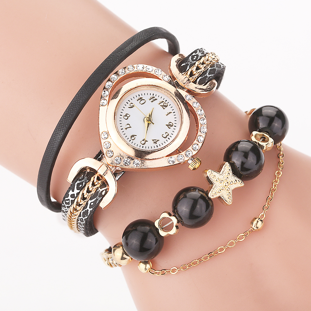 Dame armbåndsure med perlevedhæng luksus dame læder quartz rhinestone armbåndsure ur zegarek damski: Sort
