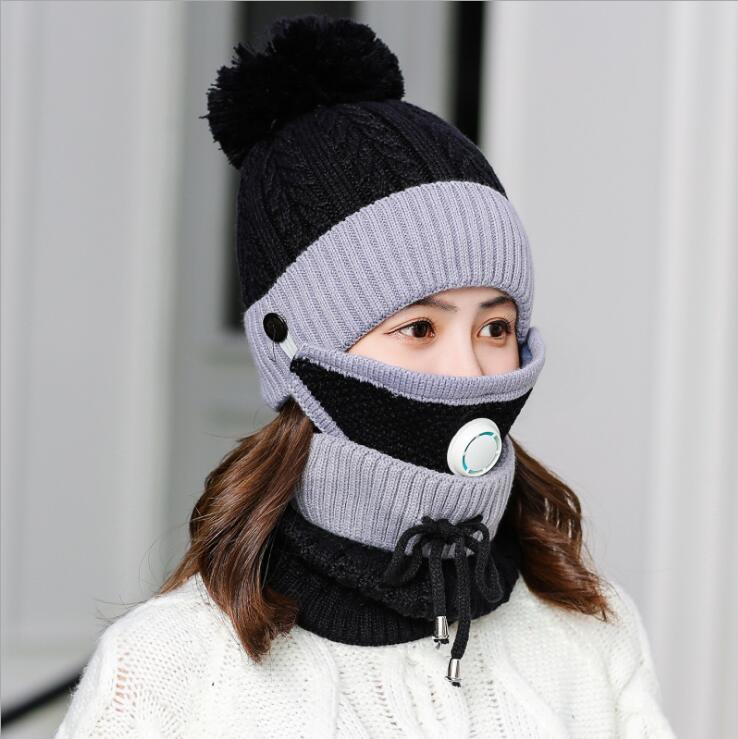 Winter Hoed & Sjaal & Masker Voor Vrouwen Warm Mutsen Ademen Sjaal Pompoms Gebreide Caps En Sjaal Masker 3 stuks/set: Black