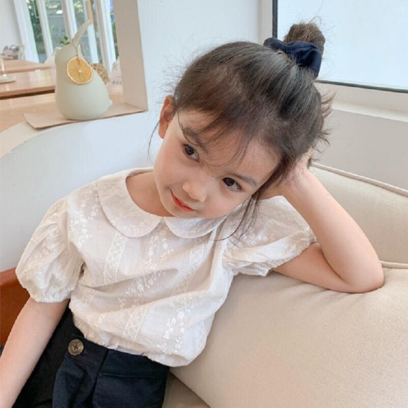 Blusa de encaje blanca para niñas, camisa de manga corta con farol para bebés, Verano