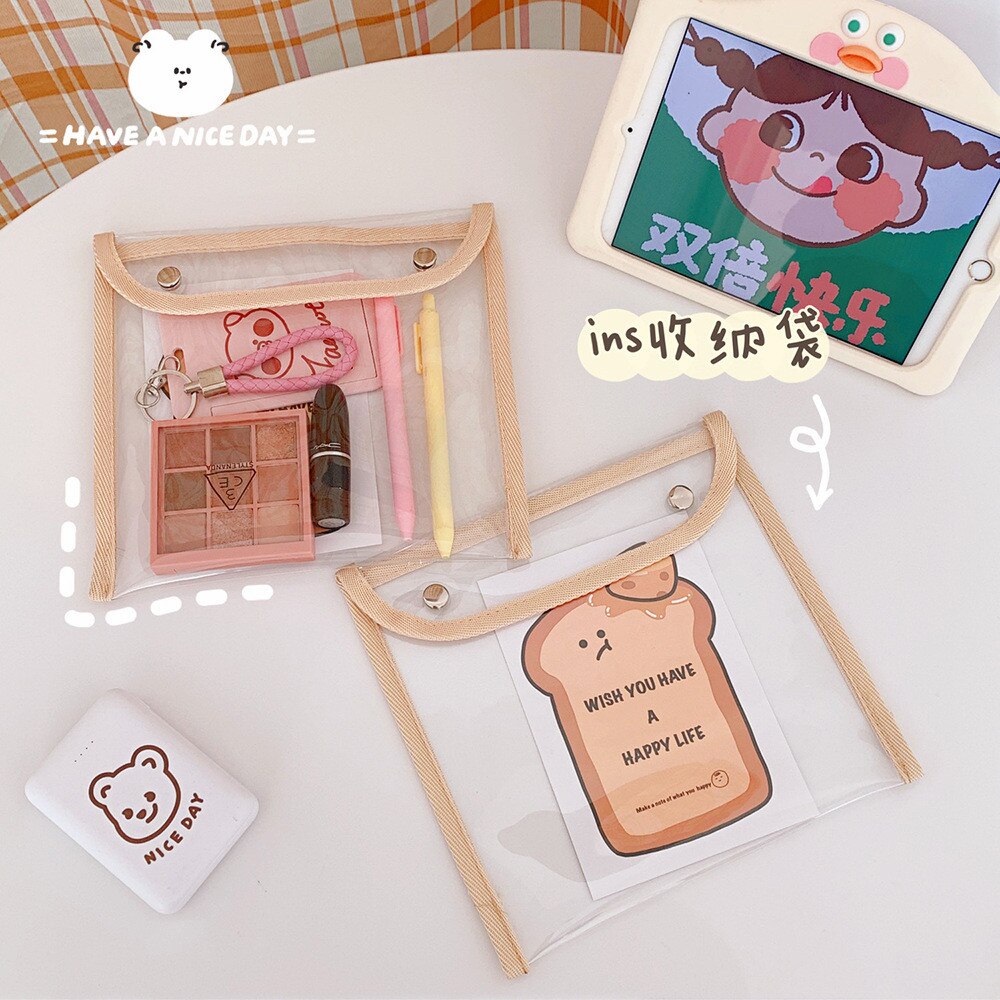 Transparent File Pocket Bag PVC Large Capacity Waterproof Cosmetic Makeup Storage Bag Student Pencil Bag Stationery