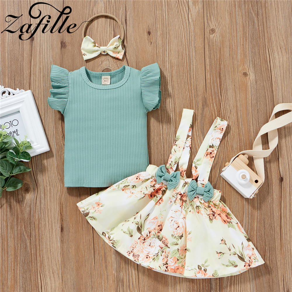 Zlaille – ensemble de jupe pour bébé fille, vêtements d'été en coton tricoté, haut à bretelles, avec bandeau