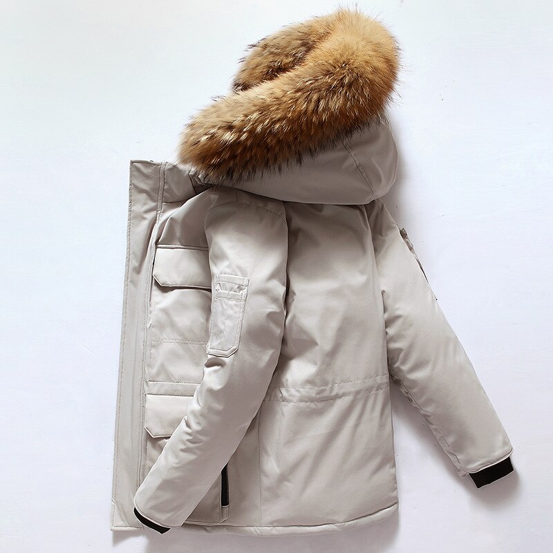Veste d'hiver parka à capuche en fourrure de canard blanche pour hommes, 20 degrés, manteau de fourrure épaisse et chaude pour hommes, coupe-vent avec grandes poches