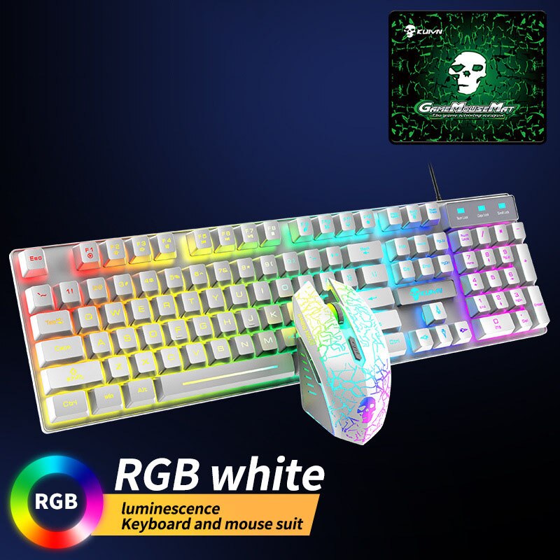 Gaming Keyboard Mouse Wired Combo Kit 104 Key With RGB Backlight Mechanical Feeling Keyboard Gamer Ergonomic Mause For PC Laptop: T6 RGB White