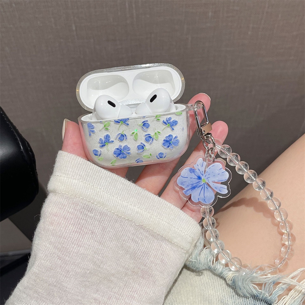 Étui brillant à paillettes de fleurs pour AirPods 1 2 3 4, housse de Bracelet pour écouteurs Bluetooth sans fil pour Apple airpods Pro 2nd Funda: XS / BLEU CIEL