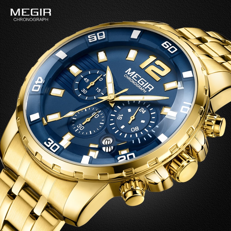 Megir Mannen Goud Rvs Quartz Horloges Business Chronograaf Analgue Horloge Voor Man Waterdichte Lichtgevende 2068GGD-2N3