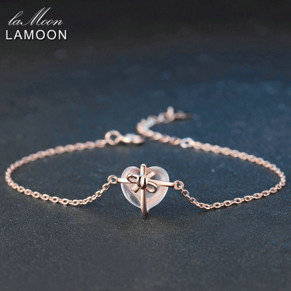 LAMOON 925 Sterling silber Bracele Für Frauen Herz Armbinde Rose Quarz Edelstein 18K Rose Gold Überzogen Feine Schmuck LMHI047