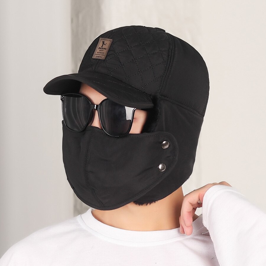Men Ear Protection Hat Winter Warm Plush Male Bomber Hat Gray Man Adjustable Ear Flaps Brim Cap And Mask Women Cap