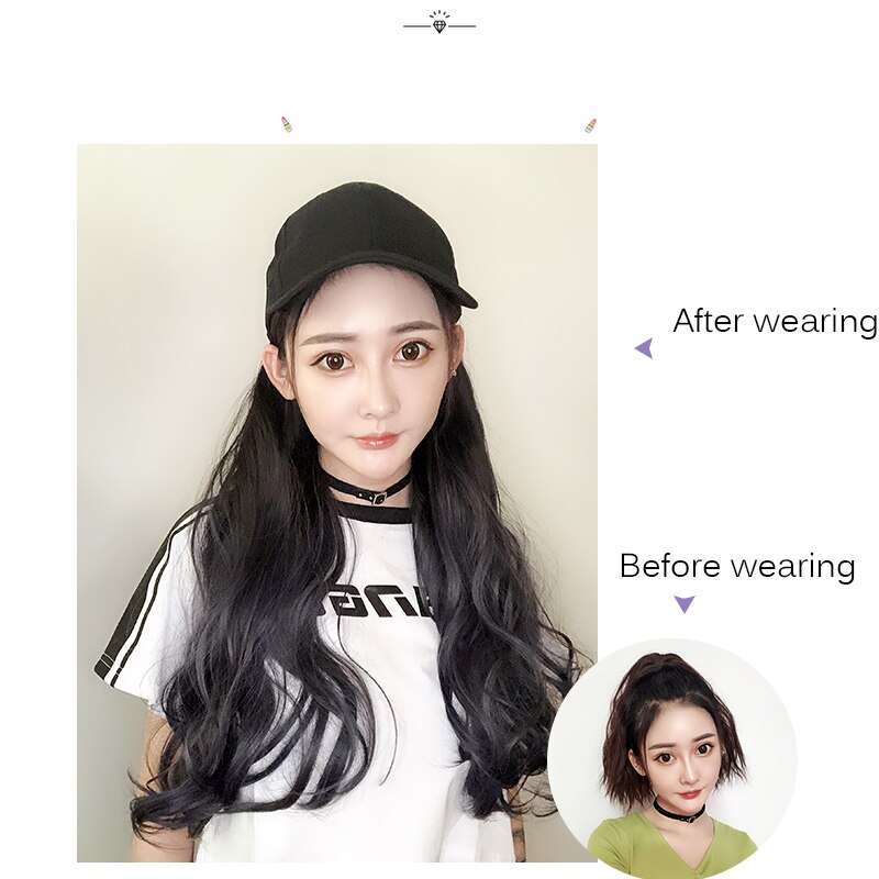 Nueva gorra de con extensión de cabello sintético, sombrero de Peluca de pelo largo para mujer, pelucas para mujer, color negro y marrón