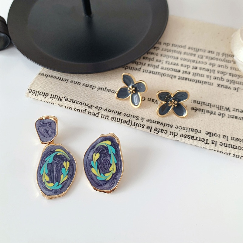 Koreańnarty asymetryczne geometryczne kwiat nausznice bez przekłuwania uszu delikatne błyszczący kwiatek obraz olejny okrągła tarcza klipsy robić uszu