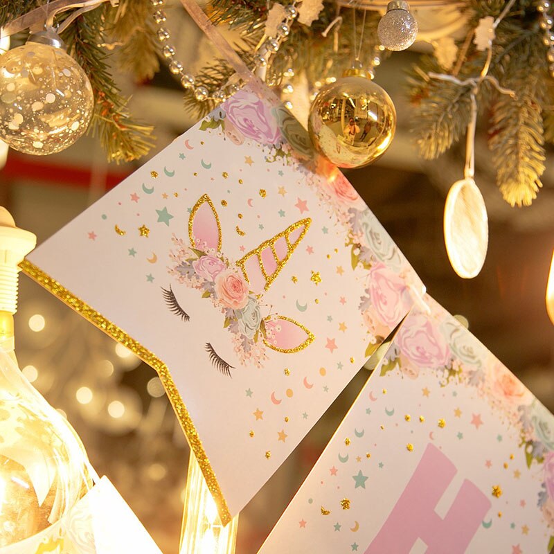 Guirnalda de papel para decoración de fiestas de niños, cartel de unicornio de Gillter rosa, suministros de , 1 Juego