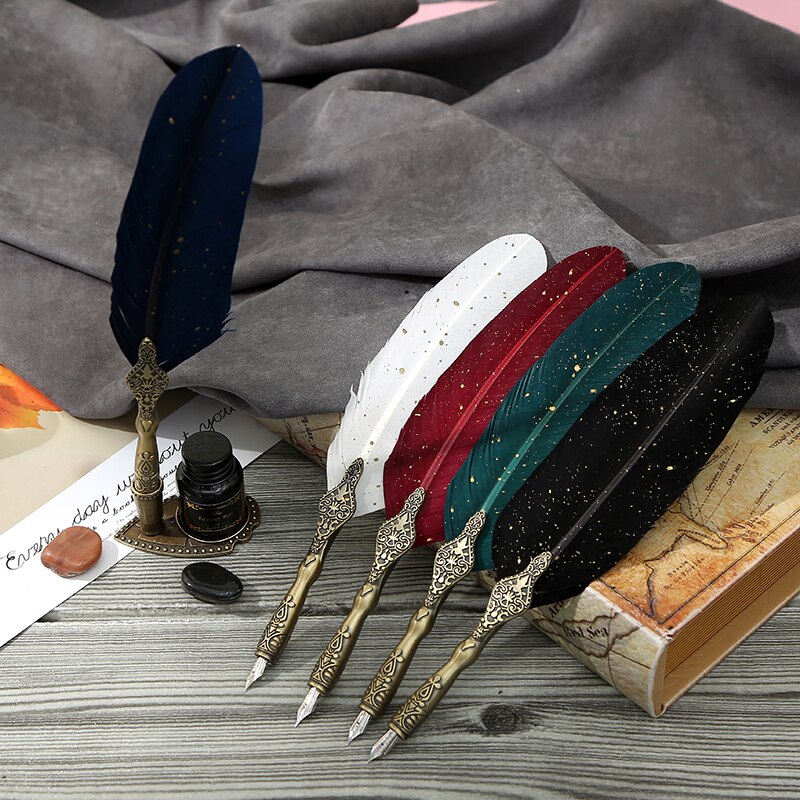 Retro Calligraphy Feather Dip Pen with 2 Nib Set Quill Fountain Writing Vintage Stationery Classic Texture Box