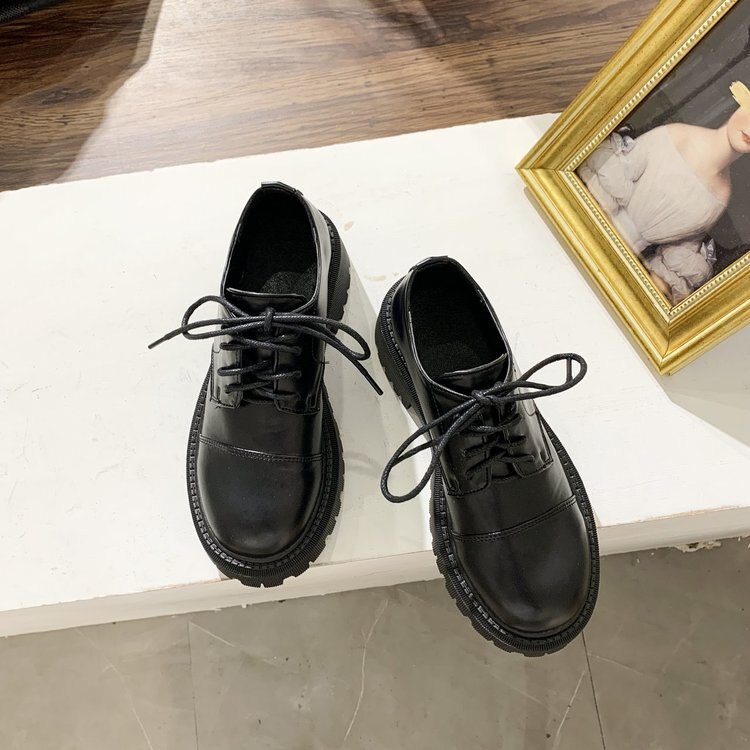 Oxford – chaussures classiques à semelle ronde pour femmes, Brogue noires, plates à lacets, décontractées, à semelle épaisse en Pu, printemps: Black matte / 36