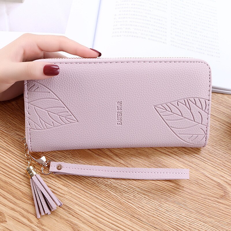 Carteras de mano para mujer, carteras de piel sintética, bolsos de pulsera para mujer con estampado de hojas, bolso de mujer largo, bolso de gran capacidad, cartera para mujer: Light Purple