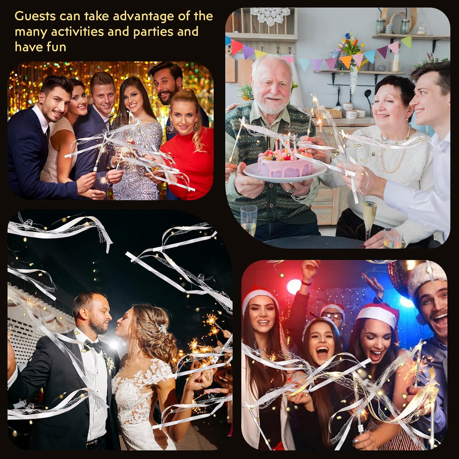 12-60Pcs Light Up Wedding Sparklers LED Wedding Wands Streamers Silk Fairy Wands with Bells for Wedding Birthday Party Supplies