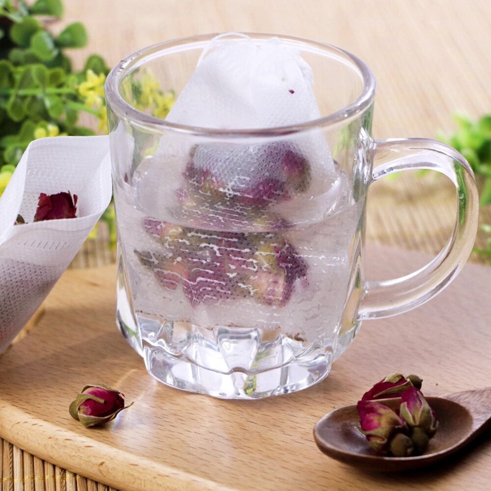 Sachet de thé en tissu Non tissé, 100 pièces, avec ficelle, thermoscellé, infuseur à thé, filtre à café et à épices, passoire, outil de brassage de bière en maille