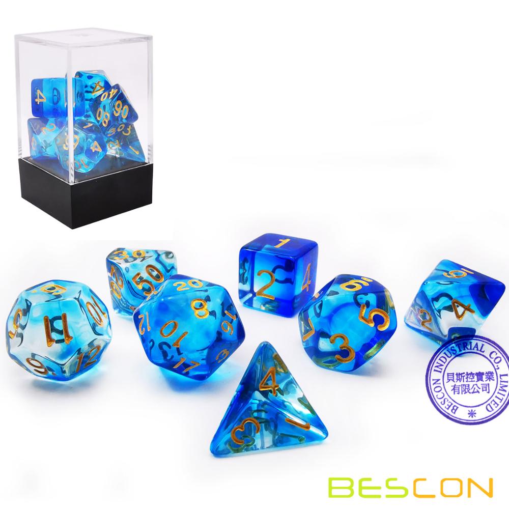 Bescon Crystal Blue 7-pc Poly Dice Set, Bescon Polyhedral RPG Dice Set Crystal Blue, Blush, Grass, Purple, Black, Pink Cloud