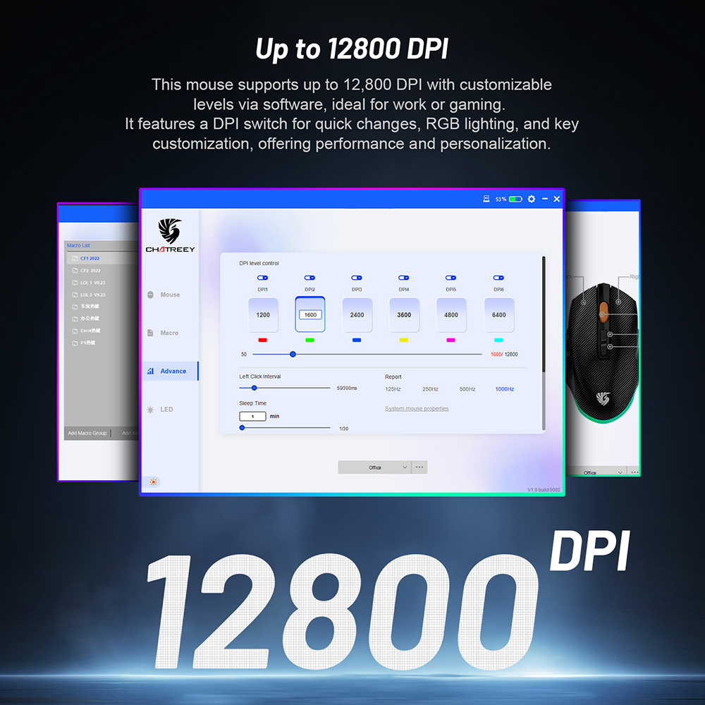 Chatreey Gaming Mouse 12800DPI 1000Hz BT/2.4G/ Wireless 7 Buttons Macro Mouse for E-sports Ergonomic RGB Backlit