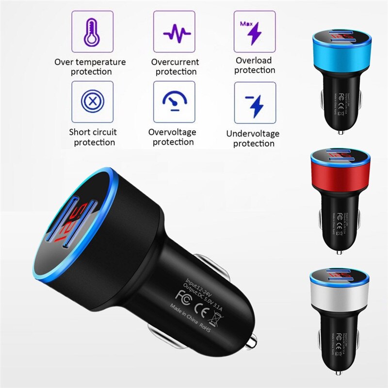 Chargeur de voiture avec affichage LED 3.1A, double port USB, adaptateur de Charge rapide pour téléphone portable, pour iPhone 12 11 Pro, Samsung, Xiaomi, Huawei, LG