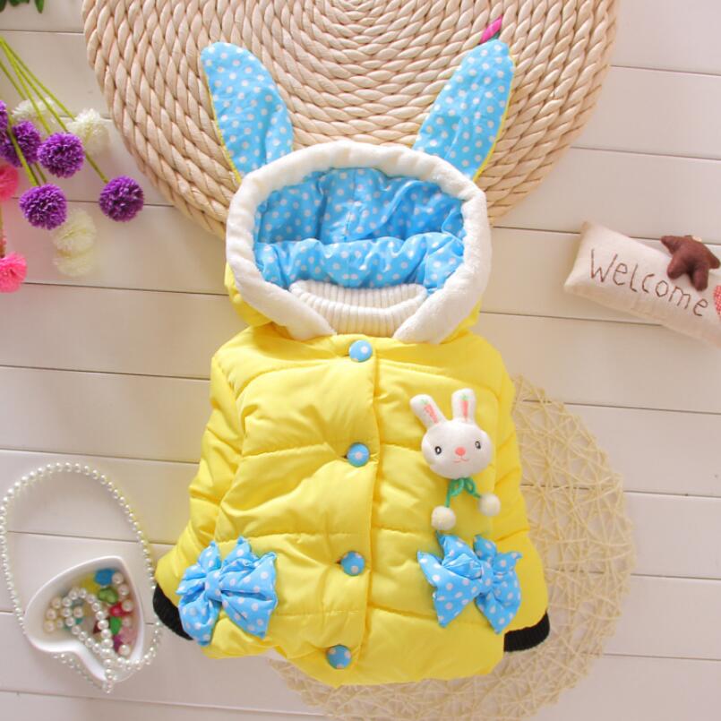 Baby Girls Winter Coat Baby Children Thicken Warm Cartoon Rabbit Cotton-padded Clothes Cute Child Hooded Bow Jackets 2-4 Years