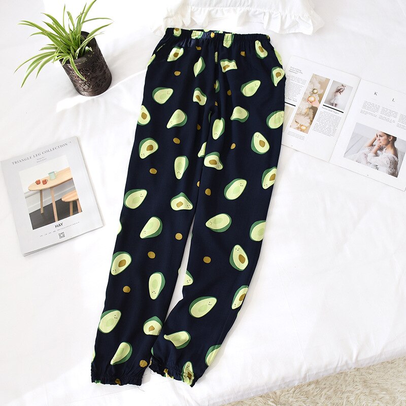 Cotton Woman Pajamas Loose Printing Sleeping Pants Sleep Bottoms Woman Pajamas Bottoms Sleep Pants Pyjama Trouser Homewear: Navy Blue Avocado / XL