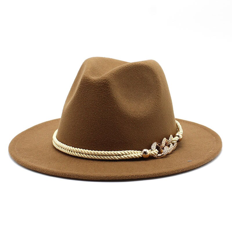 Chapeau fedora noir/blanc à large bord en feutre pour homme et femme, en mélange de laine artificielle, simple, église, derby, haut-de-forme, panama, solide, jazz, casquette: light brown