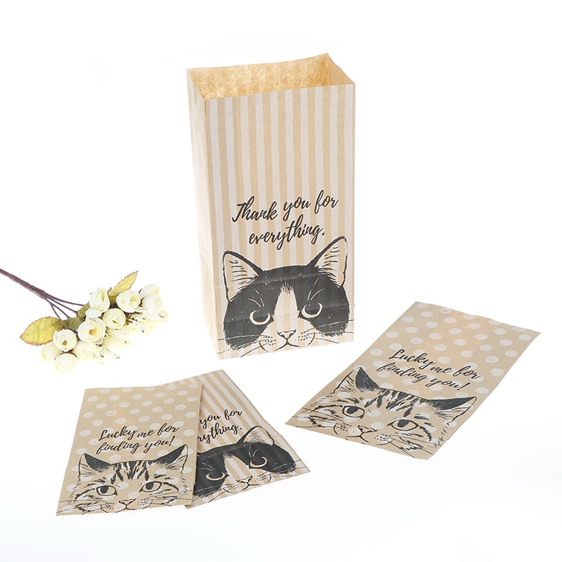 10 stuks verpakking bruiloft thuis feest verjaardag verpakking kattenpatroon kraft papieren zak snoep koekjes kraft papieren zakken