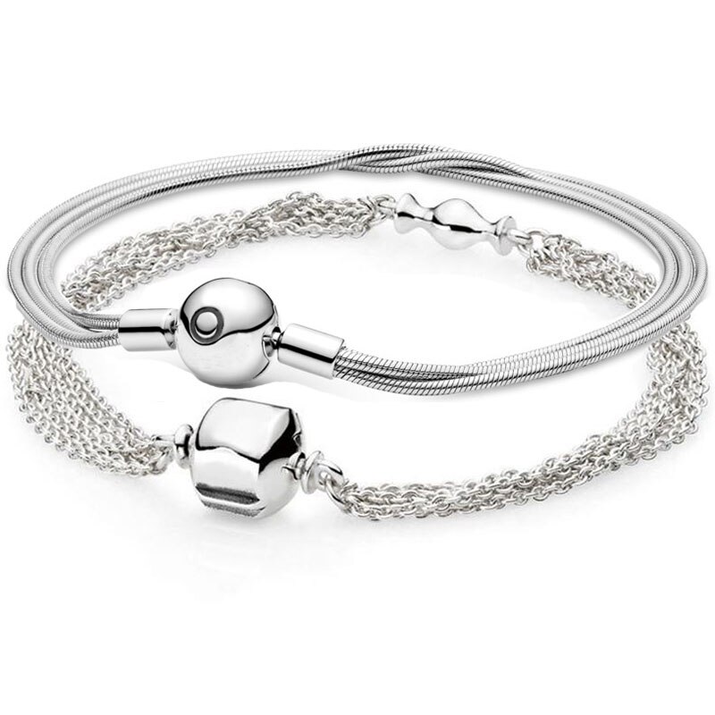 Pulsera de plata de ley 100% con broche de barril y bola, accesorio con varias cadenas de serpiente, abalorio de , joyería artesanal, 925