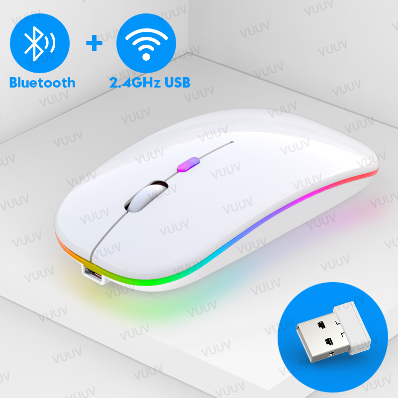 Bluetooth Wireless Mouse For Computer PC Laptop iPad Tablet MacBook With RGB Backlight Ergonomic Silent Rechargeable USB Mouse: White