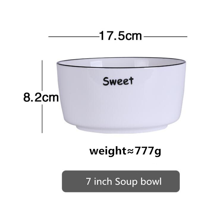 With Letters White Dinner Plate Ceramic Kitchen Plate Tableware Set Food Dishes Rice Salad Noodles Bowl Soup Kitchen Cook Tool: 17.5cm Soup bowl