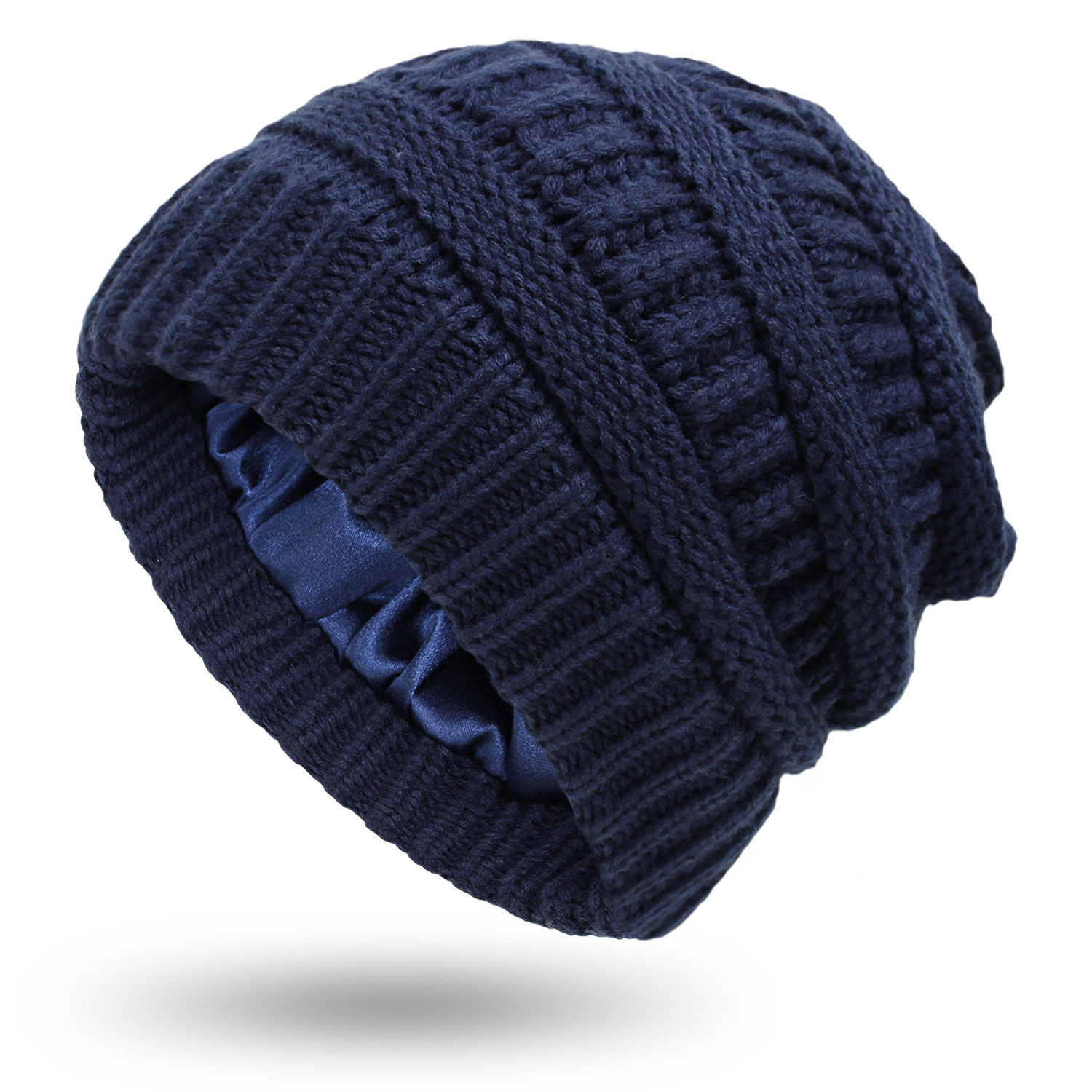 Gorro de punto cálido para mujer, gorro de punto con forro de seda satinada, gorro grueso y holgado con calavera, 9 colores, de invierno, 2022
