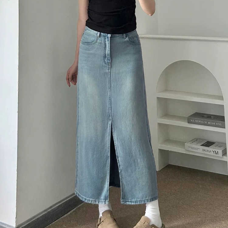 S -3xl denim nederdele kvinder sommer tynde højtaljede slidser mellemlange a-linje wrap hofter nederdel damejeankjoler street wear