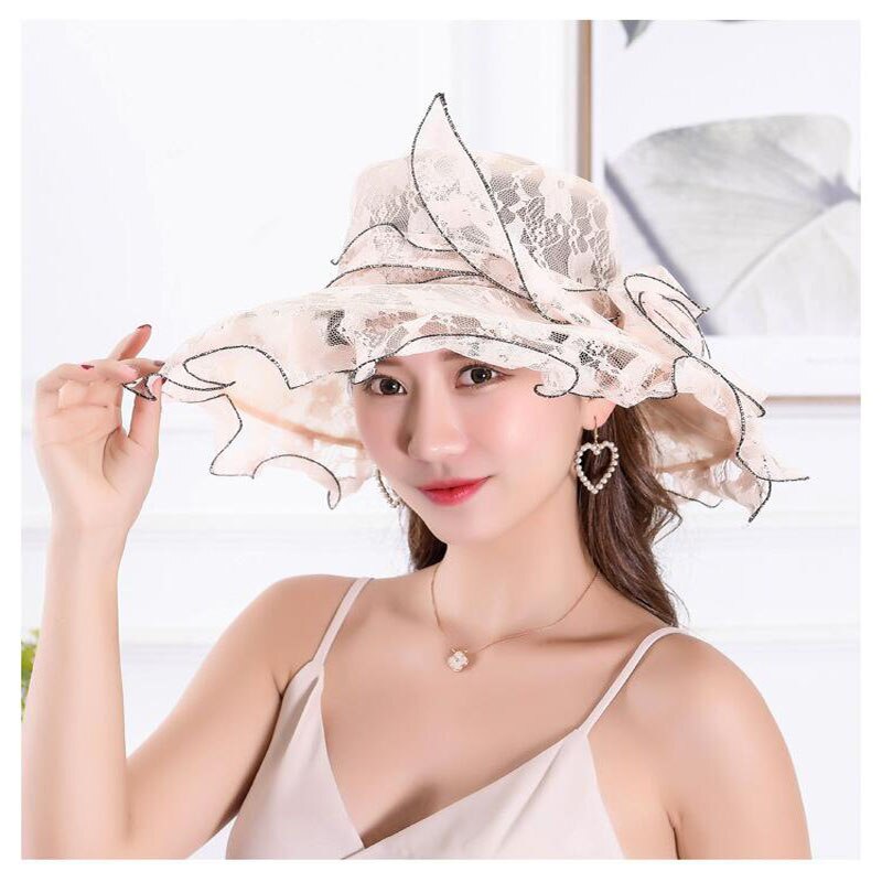 Sommer kvinder floppy solhue med blonder netgarn bredt store skygge blonder hætter strand uv beskyttelse hatte