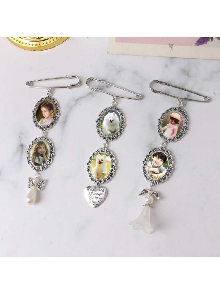 Familie Foto Gem Houder Broche Hanger Ovale Dubbele Cascading Boeket Charm Pin Wedding Boutonniere Voor Moeder Van Bruid