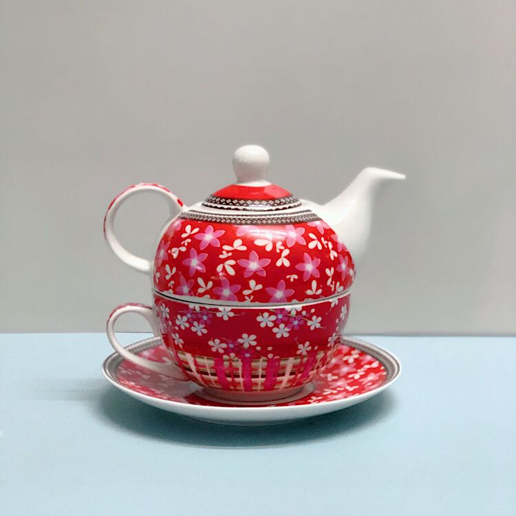 Chinese red ceramic mother-and-child teapot cup stacking pot one serving coffee milk afternoon tea cup pot and saucer 3pcs/set