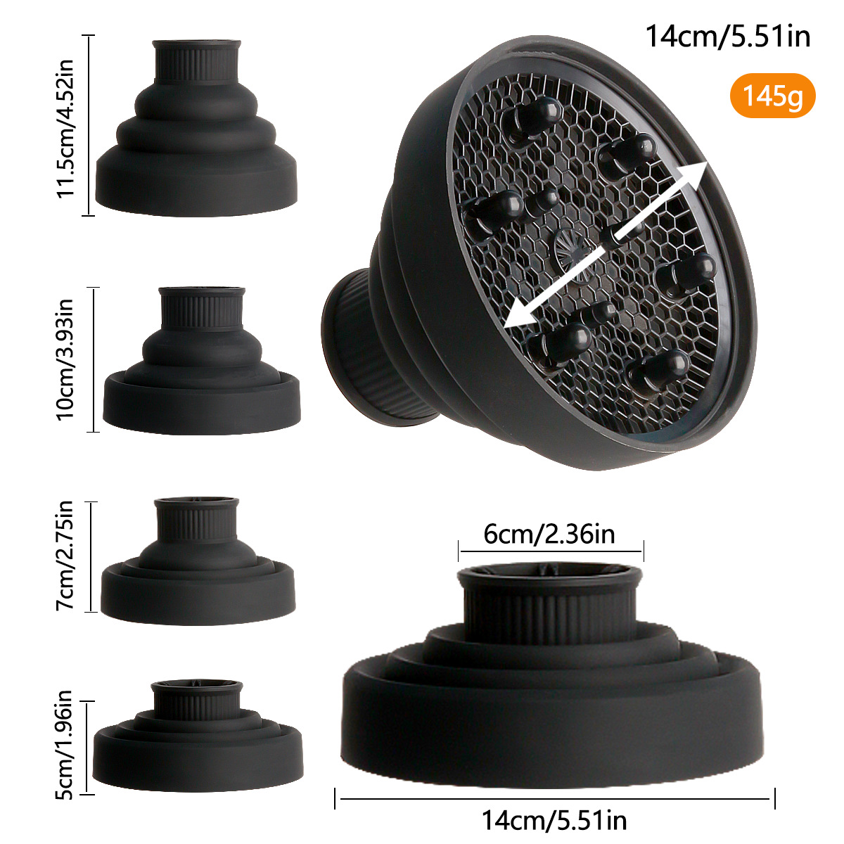 1pc silikone hårtørrer diffuser cover foldbart temperaturbestandigt hårtørrer krøller tørreblæser hår styling tilbehør: Sort