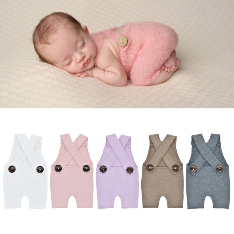 Appena nato Fotografia Prop Pulsante Tute E Salopette Pantaloni Del Bambino Servizio Fotografico Del Pagliaccetto Outfit Crochet Tasto di Legno Tute E Salopette Pantaloni Infant Foto