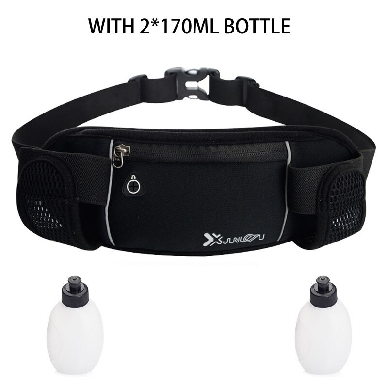 Riñoneras ligeras para hombre y mujer, deportivas, para correr, para exteriores, Neopreno, cinturón de hidratación, riñonera, soporte para teléfono deportivo con 2 botellas: Color negro