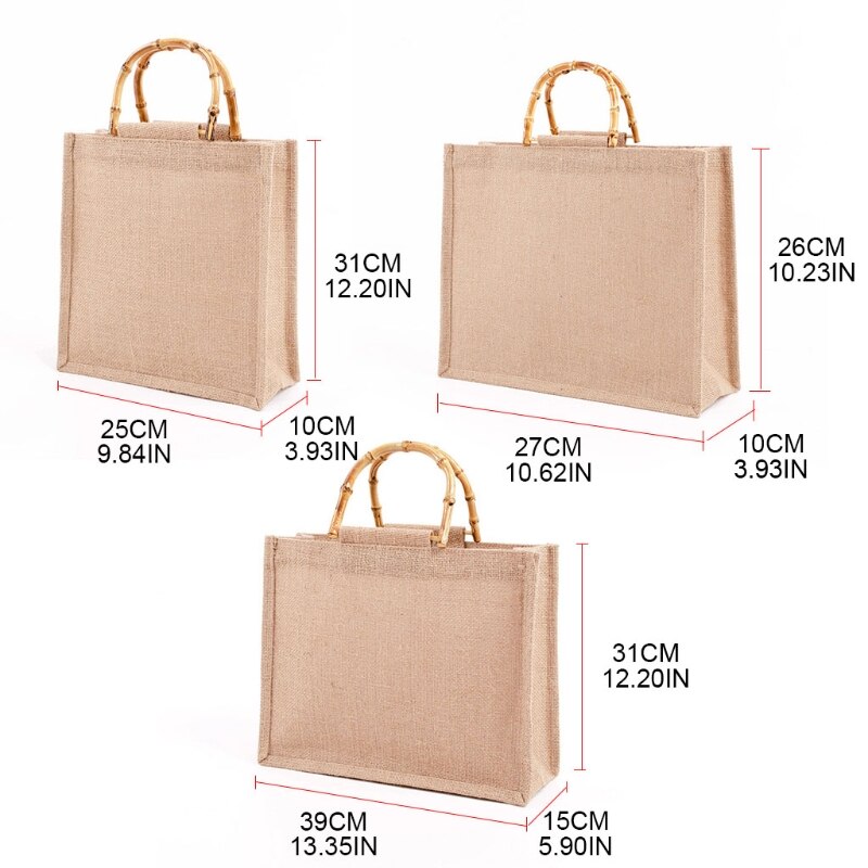 Portable Burlap Jute Shopping Bag Handbag Bamboo Loop Handles Reusable Grocery Bags