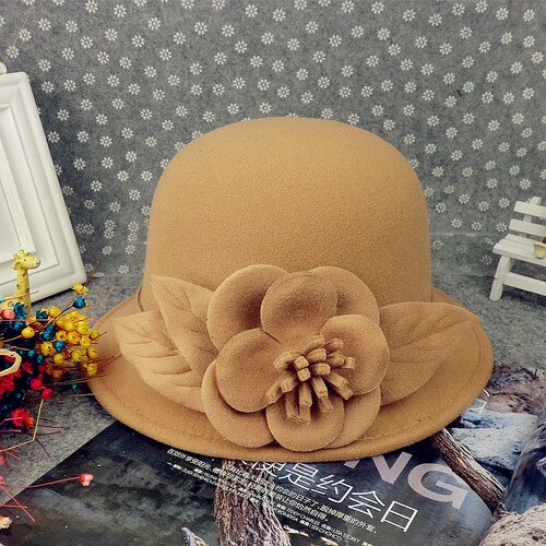 Herbst Winter Wolle Boater Flache Top Hut Für Frauen Filz Breiter Krempe Fedora Hut Jazz Kappe Klassischen Bowler Gambler top Hut: Camel peony flowers