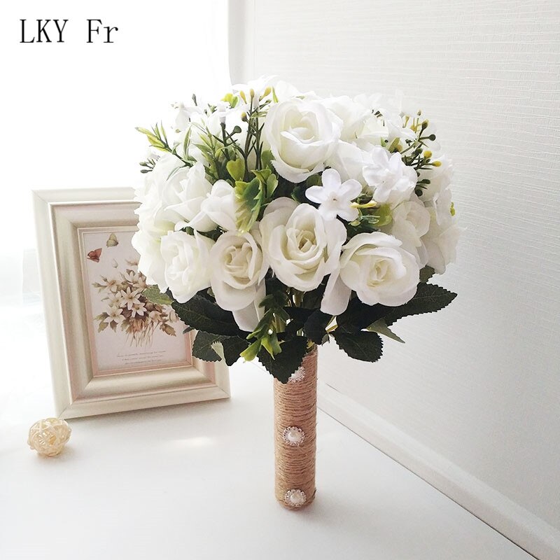 Lky fr bryllup buket blomster ægteskab tilbehør små brude buketter silke roser bryllup buketter til brudepiger dekoration: Hvid buket