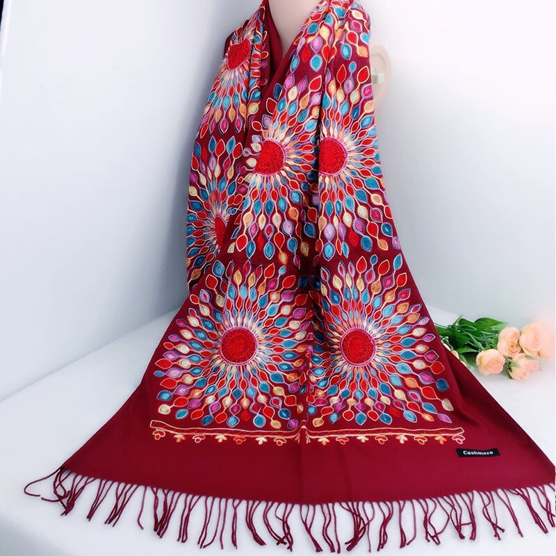 Vrouwen dikke kasjmier sjaals tibetaanse nepal zonnebloem sjaal borduurwerk kwast lange sjaal warme pashmina gebreide dames: 08