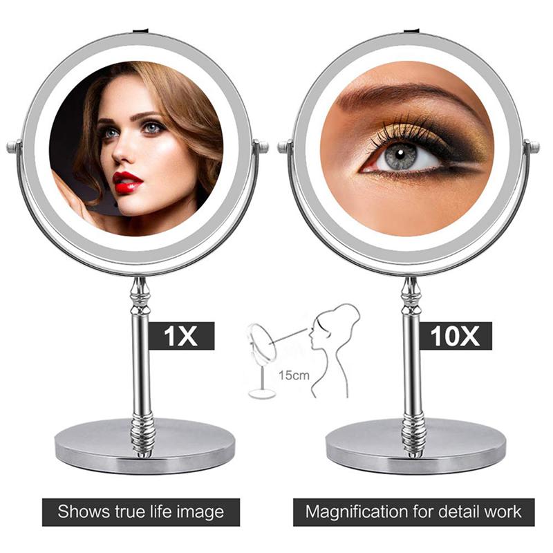 7 Inch Swivel Vanity Mirror Double Sided Makeup Mirror Metal LED 10X Magnification Mirror without Battery (Silver)